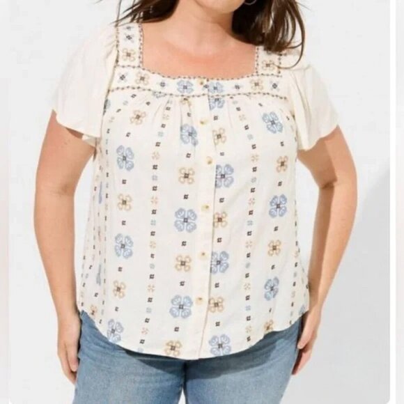 Torrid Embroidered Square Neck Flutter Top Blouse Cream Linen Cross Stitch 6X 30 - Picture 1 of 11